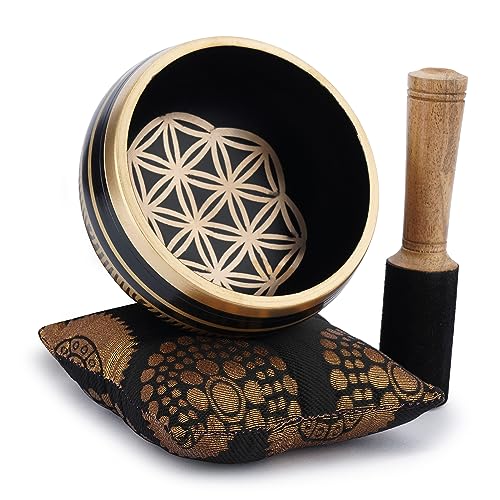 Ajuny Tibetan Singing Bowl Set - Handcrafted Meditation Brass Sound Bowl with Stick and Cushion for Yoga, Chakra Healing, Mindfulness and Stress Relief Spiritual Gifts - Gold Black