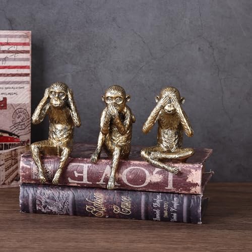 DOVDOV Three Wise Monkeys Statue Set: Hear No Evil, See No Evil, Speak No Evil Monkey Sculpture Gold Home Decor for Bookshelves, Offices, Living Room Coffee Tables, and Partition Decor Small Figurine