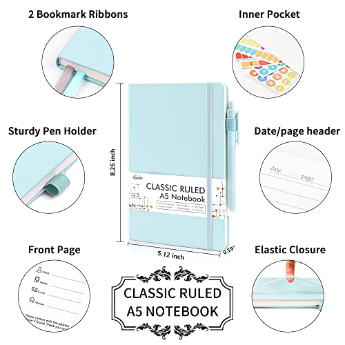 feela 3 Pack Notebooks Journals Bulk, Hardcover Notebook Classic Ruled Lined Journals with Pen Holder for Women Girls School Business Supplies, with 3 Black Pens, 120 GSM, 5.1”x8.3”, A5, Sky Blue - color: 3 Sky Blue