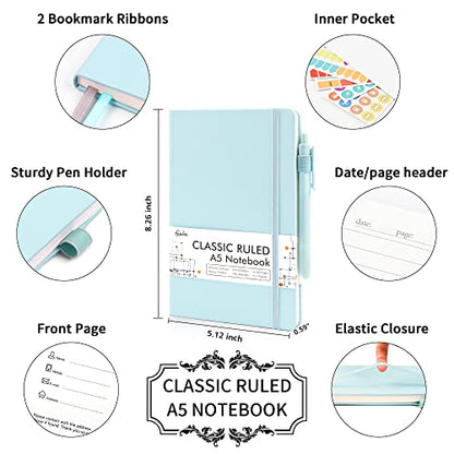 feela 3 Pack Notebooks Journals Bulk, Hardcover Notebook Classic Ruled Lined Journals with Pen Holder for Women Girls School Business Supplies, with 3 Black Pens, 120 GSM, 5.1”x8.3”, A5, Sky Blue - color: 3 Sky Blue