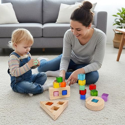 Woodtoe Rainbow Building Blocks Set for Toddlers, 16 PCS Large Acrylic Gem Cubes Stacking Blocks, 3 Wooden Shape, Montessori Stacking Toy for 1 2 3 4 Year Old, Educational STEM Creative Toys for Kids - style: 16 PCS Large Acrylic Blocks Set