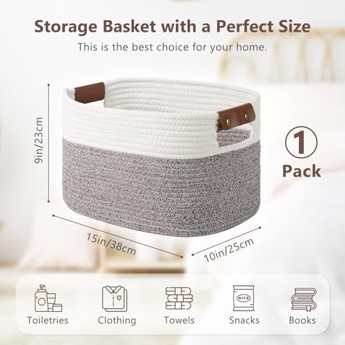 ECDYQXVU Cotton Rope Basket, Storage Baskets with Handle, 15x10x9 Inch Woven Basket for Shelves, Laundry, Towels, Clothes, Books (White Brown 1 Pack)