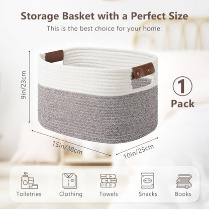 ECDYQXVU Cotton Rope Basket, Storage Baskets with Handle, 15x10x9 Inch Woven Basket for Shelves, Laundry, Towels, Clothes, Books (White Brown 1 Pack)