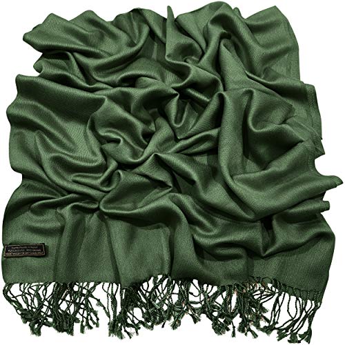 CJ Apparel Solid Color Tassels Design Nepalese Shawl Scarf Wrap Stole Throw Head Wrap Pashmina Gift Hand Made in Nepal New - color: Dark Green Mix