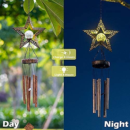 Solar Wind Chimes, Star Wind Chime Crackle Glass Ball Warm LED Light, Outside Hanging Outdoor Decor with Metal Tubes Unique Memorial Sympathy Gift for Wife Mom Grandma