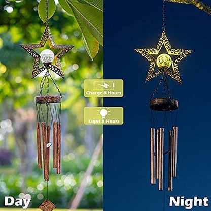 Solar Wind Chimes, Star Wind Chime Crackle Glass Ball Warm LED Light, Outside Hanging Outdoor Decor with Metal Tubes Unique Memorial Sympathy Gift for Wife Mom Grandma