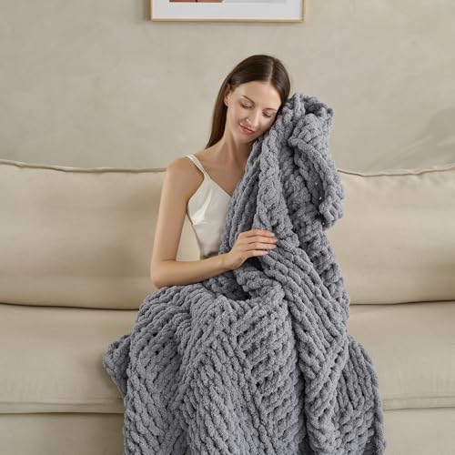 Chunky Knit Blanket Throw 50x60 Inches,Handmade Cable Knit Crochet Blanket,Cozy Lightweight All Season,Wrinkle-Resistant Polyester for Couch Bed Sofa Reading Nook,Grey - color: Grey