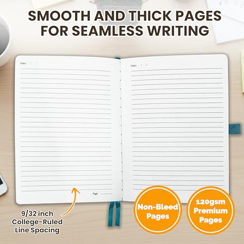 Decorably 312 Pages A5 Teal Journal Lined Notebook for Women & Men, 5.7x8.3in PU Leatherbound Hardcover, Table of Contents, Ribbon Bookmarks, Pen Holder & Back Pocket - School, Work
