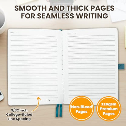 Decorably 312 Pages A5 Teal Journal Lined Notebook for Women & Men, 5.7x8.3in PU Leatherbound Hardcover, Table of Contents, Ribbon Bookmarks, Pen Holder & Back Pocket - School, Work