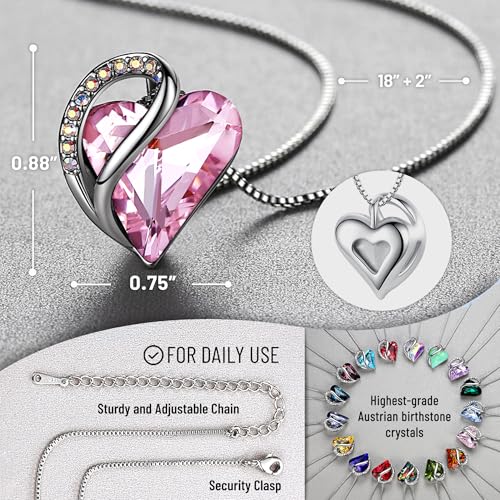 Leafael Gift Necklaces for Women, Infinity Love Birthstone Heart Crystal Pendant, Birthday Anniversary Jewelry for Wife, Mom, and Her, Silver Plated, 18" + 2" Adjustable Chain - color: 10a-October-Rose Quartz Pink