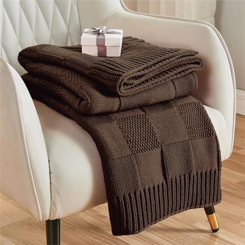 CozeCube Check Knit Throw Blanket, Dark Brown Checkered Throw for Couch, Decorative Christmas Soft Cozy Warm Knitted Blanket for Bed Sofa Living Room, 50"X60" - color: Dark Brown, size: 50"X60"