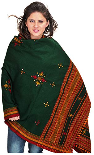 Exotic India Shawl from Kutch with Embroidered Bootis and Mirrors - Wool - color: Trekking Green