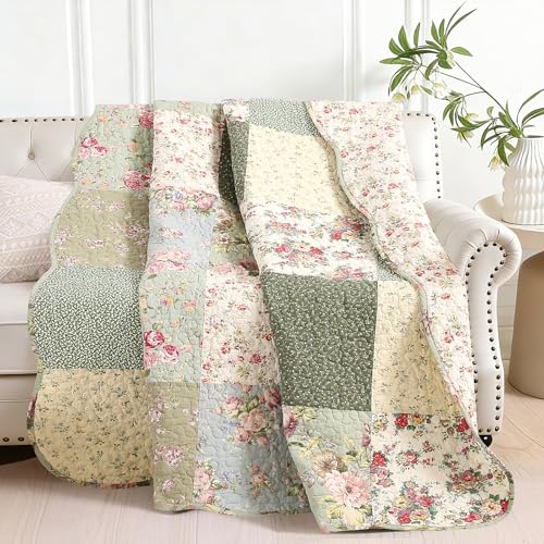 vctops 100% Cotton Quilted Throw Blanket 50x60 Inch Floral Patchwork Reversible All Season Throw (Green B,50"x60") - color: Green B