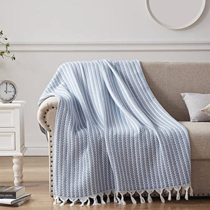SE SOFTEXLY Muslin Blanket Throw 50x60, Jacquard Summer Cooling Blanket Cozy Organic Egyptian Cotton Bed Spread for Bed Couch Breathable Lightweight Keep Body Cool for Hot Sleepers - color: Vertical Lake Blue