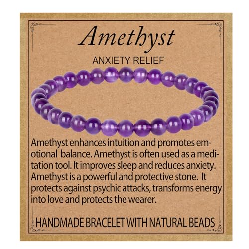 LPBeads Handmade Natural Gemstone Stretch Elastic Bracelet Healing Crystal Round Stone Beads Jewelry Gifts for Women Men - color: Amethyst, size: 6mm