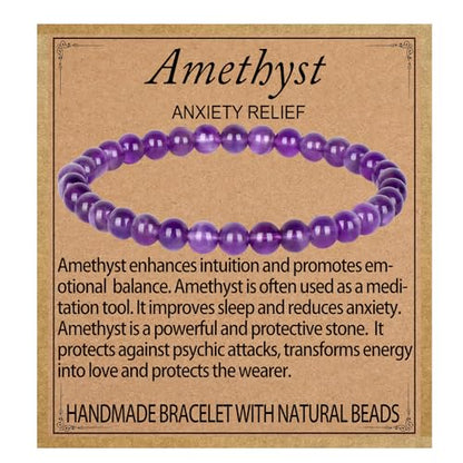 LPBeads Handmade Natural Gemstone Stretch Elastic Bracelet Healing Crystal Round Stone Beads Jewelry Gifts for Women Men - color: Amethyst, size: 6mm