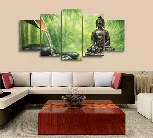 Large 5 Panel Framed Canvas Wall Art Five Pieces Zen Buddha Bamboo Water Meditation Painting Modern Wall Decor for Living Room Bedroom Office Home Interior Decoration Nature Inspired Calm Artwork