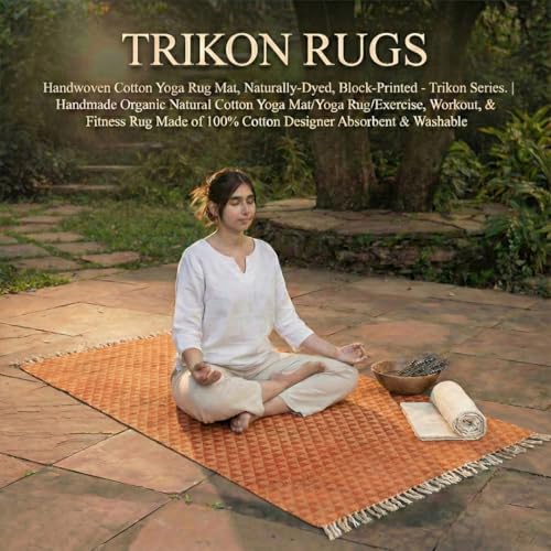 VINYASA Handwoven Cotton Yoga Rug Mat – Naturally Dyed | Absorbent, Washable Yoga Mat/Fitness Rug, Hatha, Pilates & Meditation - Non-Slip Grip | Extra Long & Wide | Trikon Series - color: Marigold