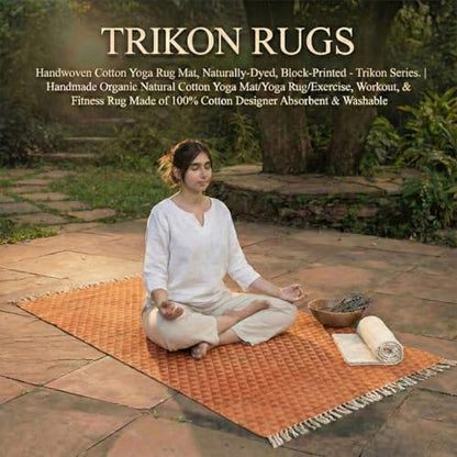 VINYASA Handwoven Cotton Yoga Rug Mat – Naturally Dyed | Absorbent, Washable Yoga Mat/Fitness Rug, Hatha, Pilates & Meditation - Non-Slip Grip | Extra Long & Wide | Trikon Series - color: Marigold