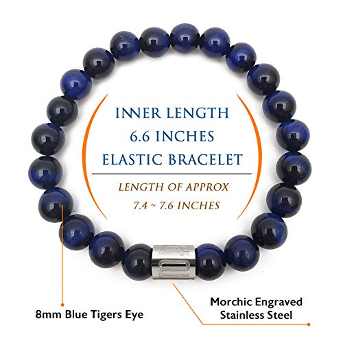 Morchic 8mm Genuine Gemstone Stretch Bracelet for Women Men Unisex, Natural Energy Crystal Stone Beads, Classic Simple Design Cuff Birthday Gift 7.5 Inch - color: Blue Tiger Eye