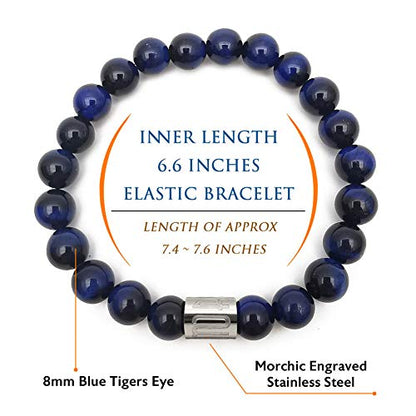 Morchic 8mm Genuine Gemstone Stretch Bracelet for Women Men Unisex, Natural Energy Crystal Stone Beads, Classic Simple Design Cuff Birthday Gift 7.5 Inch - color: Blue Tiger Eye