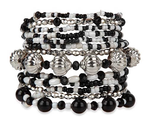 SPUNKYsoul Beaded Stretch Bracelet Set – Multi-Piece Stackable Fashion Bracelet Collection, Elastic Fit, Minimalist Boho Jewelry for Everyday Wear - style: " Ayla" White, Black & Silver