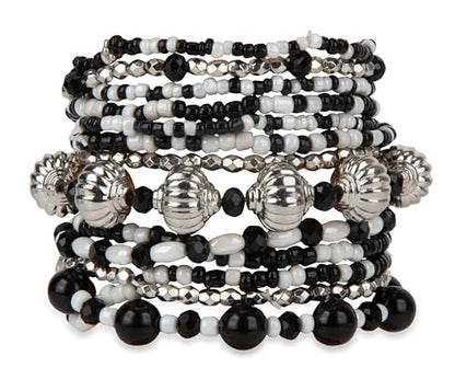 SPUNKYsoul Beaded Stretch Bracelet Set – Multi-Piece Stackable Fashion Bracelet Collection, Elastic Fit, Minimalist Boho Jewelry for Everyday Wear - style: " Ayla" White, Black & Silver