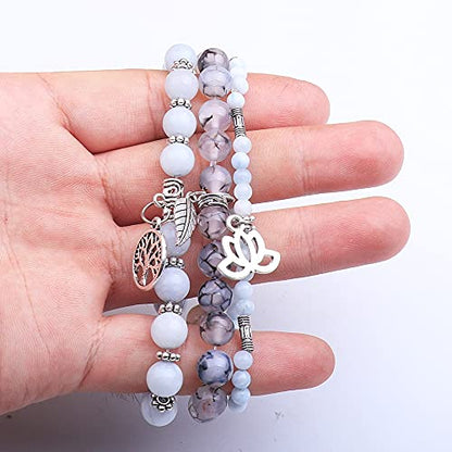 Tree of Life Yoga Healing Stone Bracelets,Multilayer Lotus Chakra Stone Reiki Bracelet Sets,Anxiety Crystal Natural Stone,for Women Stress Relief - style: Aquamarine dragon pattern stone