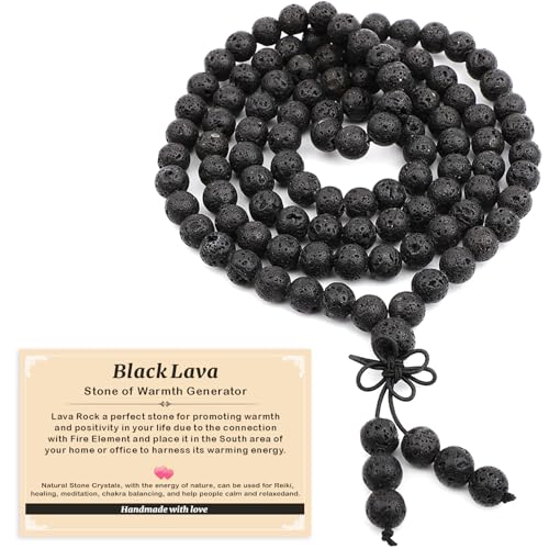 AD Beads 6mm 8mm 108 Prayer Mala Jasper Elastic Bracelet - Handmade Yoga Meditation Healing Power Energy Gifts for Unisex Adult. - color: Black Lava(Warmth)
