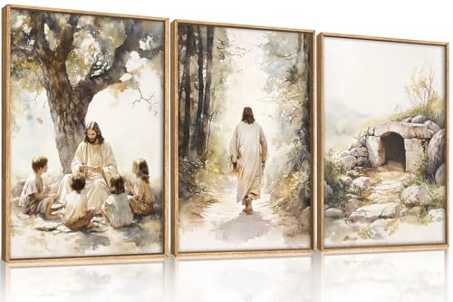 Large Jesus Teaching Children on Path Framed Canvas Wall Art,Empty Tomb Christian Wall Decor,Spiritual Religious Bible Artwork for Living Room,Bedroom,Dining Room,Office -16"x24"x3 - color: Jesus Children Wall Art, size: 16"L x 24"W