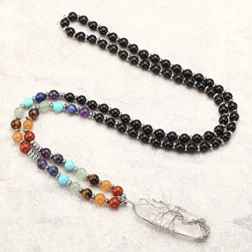 Jovivi Natural 7 Chakras Healing Crystals Necklace Wire Wrapped Clear Quartz Stone Pendant Healing Pointed Reiki Energy Balancing - color: Black Obsidian