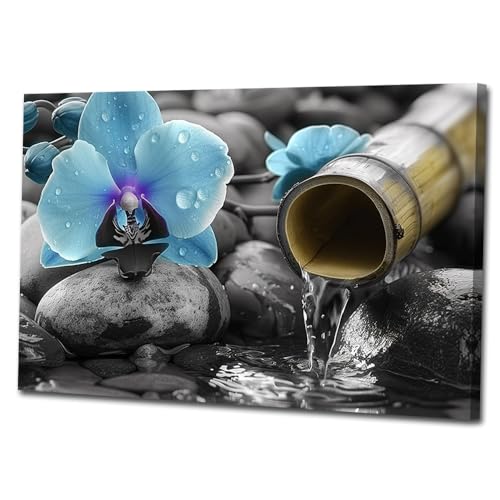 Zen Canvas Wall Art Blue Lotus Massage Stone Fountain Picture Wall Art Meditation Spirit Painting Prints Spa Yoga Room Decor Framed(Zen-2,16x20inch (40x50cm)) - color: Zen-2, size: 16x20inch (40x50cm)