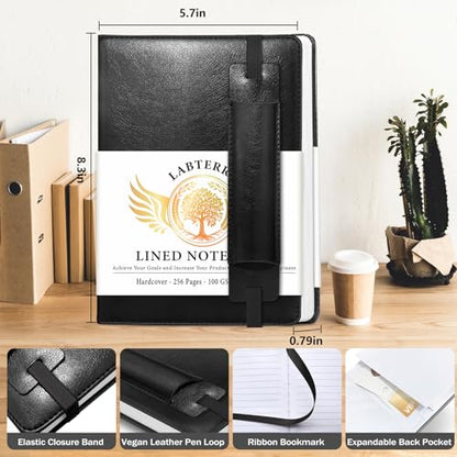 Lined Journal Notebook for Women Men, 256 Pages, Medium 5.7 in x 8.3 in - 100 GSM Thick Paper – Hardcover Leather Journals for Writing, Work, School, Note Taking, Diary Notepad,Black - color: Black