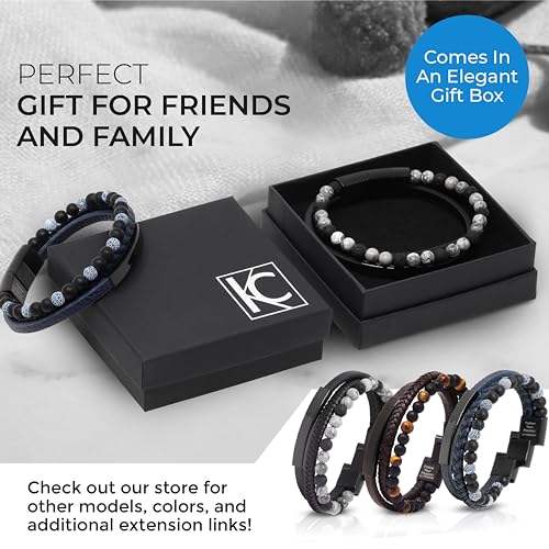 Premium Men’s Bracelet | Leather Bracelet for Men | Beaded Bracelets Black Onyx & Tiger-Eye Beads | Brown Leather Jewelry with Adjustable Stainless-Steel Clasp | Gift Dad Husband Son Boyfriend - color: Blue/Black