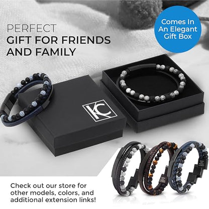 Premium Men’s Bracelet | Leather Bracelet for Men | Beaded Bracelets Black Onyx & Tiger-Eye Beads | Brown Leather Jewelry with Adjustable Stainless-Steel Clasp | Gift Dad Husband Son Boyfriend - color: Blue/Black