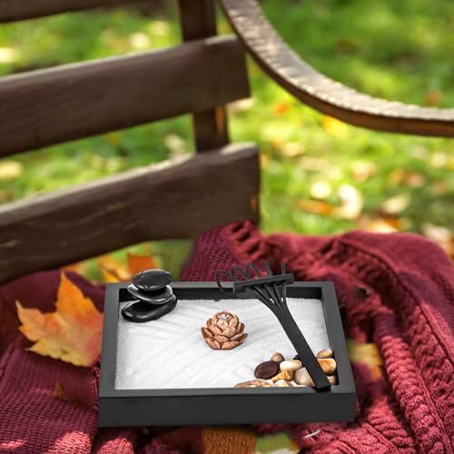 Mini Zen Garden Kit for Desk 6x6 inch with Wooden Lotus Flower, 3 Zen Stones, Pebbles, Home Office Desk Decorations (Wooden Lotus Flower)