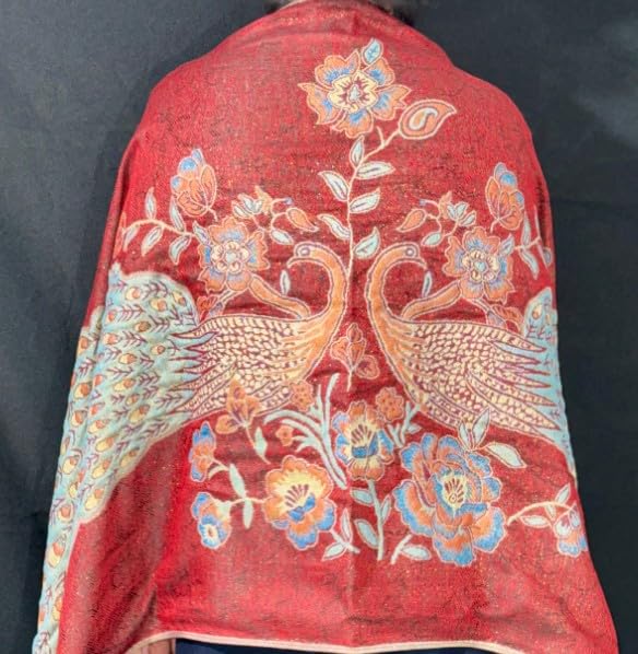 Boho LUXURY Wool Prayer Shawl Large Reversible Pashmina Blue Red metallic gold Peacock Silk Scarf nyc Travel Blanket Winter YOGA Wraps Elegant Meditation blanket Bohemian unisex in Autumn PREMIUM wrap