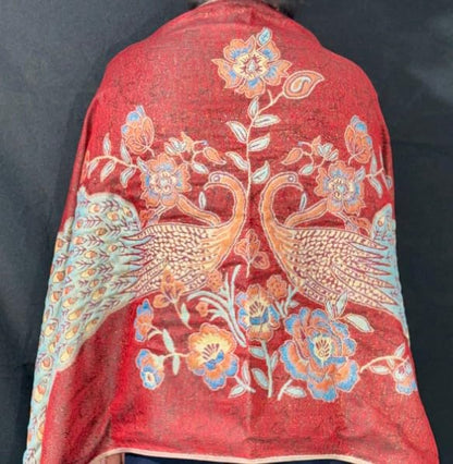 Boho LUXURY Wool Prayer Shawl Large Reversible Pashmina Blue Red metallic gold Peacock Silk Scarf nyc Travel Blanket Winter YOGA Wraps Elegant Meditation blanket Bohemian unisex in Autumn PREMIUM wrap