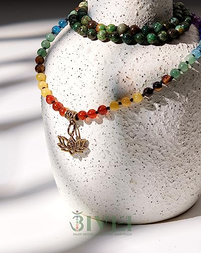 Bivei 7 Chakra 108 Mala Beads Bracelet Real Gemstone Yoga Meditation Hand Knotted Mala Prayer Bead Necklace - size: 6mm, style: Lotus OM - African Turquoise