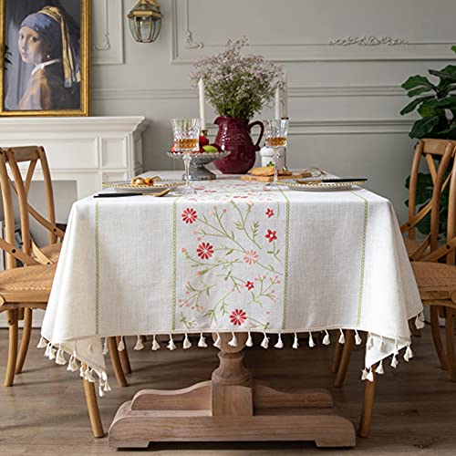 AMZALI Table Cloth Embroidery Floral Pattern Wrinkle Free Heavy Weight Cotton Linen Farmhouse Tablecloth Decorative Fabric Tassel Table Cover for Outdoor and Indoor Use (Rectangle,55 x 87 Inch) - color: Embroidery Floral Pattern, size: 87" x 55" (Rectangu