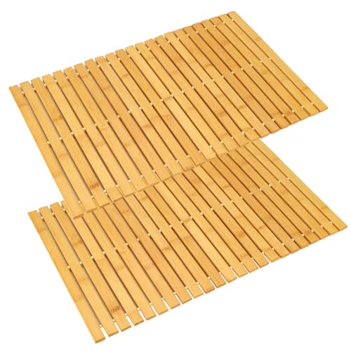 QTLCOHD 2 Pcs Bamboo Bath Mat - 24 x 16 Inch Non Slip Foldable Waterproof Wood Shower Mat for Bathroom, Floor, Bathtub, Toilet, Sauna, Hot Tub