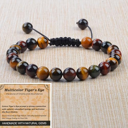 MASSIVE BEADS Handmade Yoga Natural Stone Crystal Healing Power Energy Gifts for Unisex Adult Bracelet Macrame Adjustable - color: 3-Tiger's Eye (Vitality and Abundance), size: 8mm