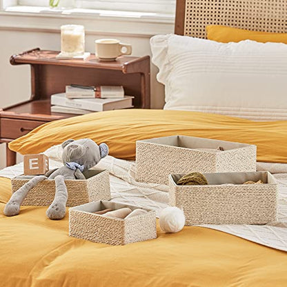 Storage Baskets Set 4 - Stackable Woven Basket Paper Rope Bin, Storage Boxes for Makeup Closet Bathroom Bedroom (Beige) - color: Beige
