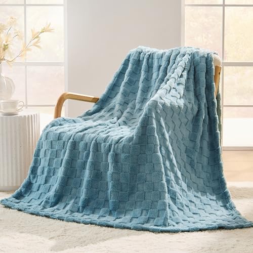 Light Blue Textured Checkered Twin Size Blanket, 330GSM Soft Plush Fleece Blanket for Couch Sofa Bed, Cozy Decorative Giftable Home Blanket, 60x80 Inches - color: Light Blue, size: Twin(60"x80")