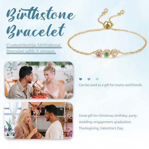 Personalized Birthstone Bracelet for Women – 925 Sterling Silver Adjustable Family Mothers Day Bracelet with Birthstones, Mothers Day, Christmas,Birthday Gift for Mom, Grandma, Wife, Bridesmaid - color: A-3 Birthstones