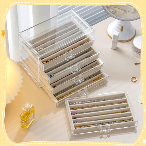 Necklace Organizer Box with 5 Drawers 30 Compartments, Dustproof Velvet Necklace Display Tray, Acrylic Necklaces Display Case, Pendant Chains Necklace Storage Tray Gift for Women and Girls (Beige) - color: Beige
