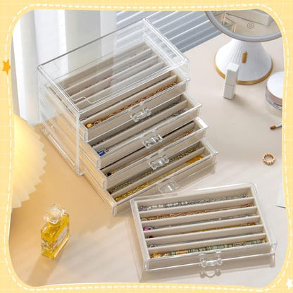 Necklace Organizer Box with 5 Drawers 30 Compartments, Dustproof Velvet Necklace Display Tray, Acrylic Necklaces Display Case, Pendant Chains Necklace Storage Tray Gift for Women and Girls (Beige) - color: Beige
