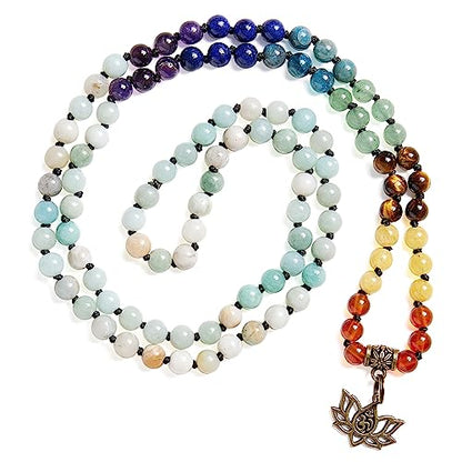 Bivei 7 Chakra 108 Mala Beads Bracelet Real Gemstone Yoga Meditation Hand Knotted Mala Prayer Bead Necklace - size: 6mm, style: Lotus OM - Amazonite
