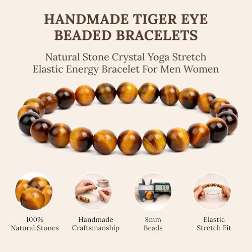 Elm City Direct 8mm Natural Stone Beaded Bracelet – Unisex Crystal Stretch Bracelets for Men & Women, Chakra & Healing Jewelry, Gift-Ready Beaded Bracelets - color: Tigers Eye