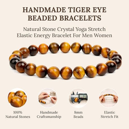 Elm City Direct 8mm Natural Stone Beaded Bracelet – Unisex Crystal Stretch Bracelets for Men & Women, Chakra & Healing Jewelry, Gift-Ready Beaded Bracelets - color: Tigers Eye
